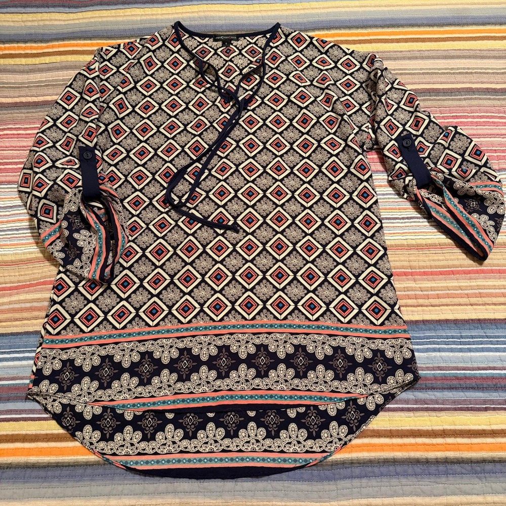 mmc mmc mm Womens Small Navy Coral Geometric Tile Print Roll Tab Blouse USA